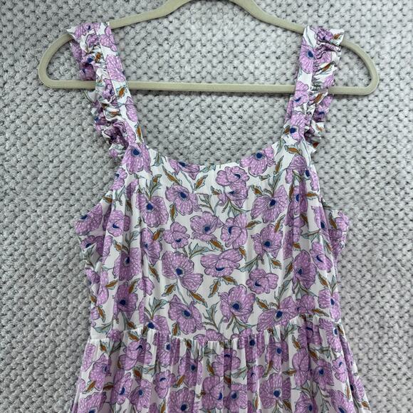 Haute Hippie Dress Womens M White Purple Floral Tiered Midi Smocked Cottage Boho - Picture 4 of 16